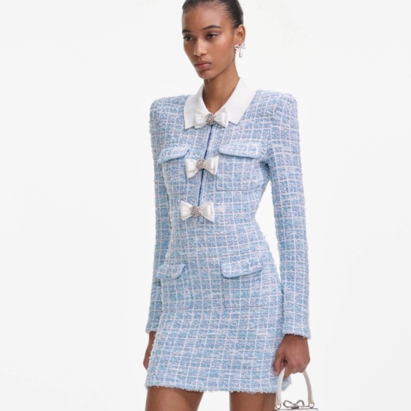 self-portrait Blue Checked Collared Knit Mini Dress Size Med - MSRP $615 - NWT - Picture 2 of 8